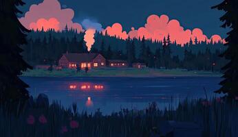 Tranquil cabin at twilight lake photo