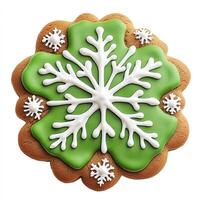 Festive, round, gingerbread cookie decorated with a detailed snowflake design in white icing on a vibrant green icing background photo