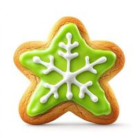 Festive star-shaped cookie with a green icing snowflake design photo