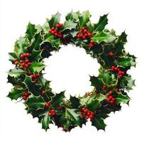 Circular holiday wreath adorned with holly leaves and berries photo