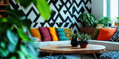 Vibrant living room with bold patterns and pops of color photo