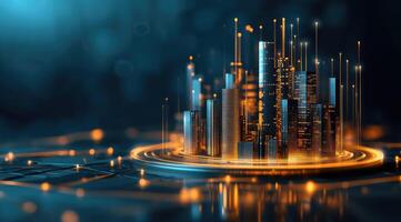 Futuristic city, digitally rendered, illuminated by glowing network connections photo