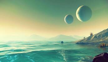 Peaceful alien coastline with two moons photo
