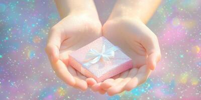 Hands holding a small gift box with a bow on it photo