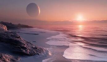 An alien spaceship is seen in the distance on a beach photo