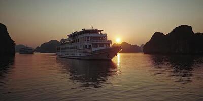 Majestic cruise ship at sunset on a tranquil bay photo