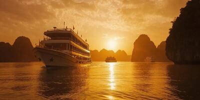 Golden Sunset Cruise on a Calm Body of Water photo