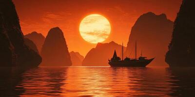 Fiery Sunset Over a Tranquil Bay photo