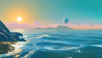 Alien ocean sunrise over distant mountains photo