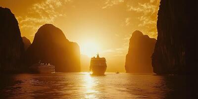 Cruise ships in the sunset in halong bay, vietnam photo