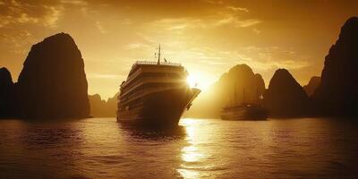 Cruise ship at sunset in dramatic karsts photo