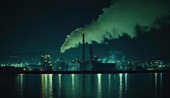 A factory with smoke coming out of it at night photo