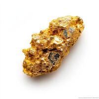 Rough, nugget-like gold specimen. Close-up view of a cluster of gold flecks and crystals, irregularly shaped, set against a bright white background. Rich, golden hue photo