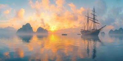 Sunrise over a tranquil sea with a majestic sailing ship photo
