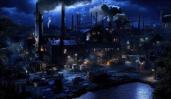 Dark, industrial factory complex at night photo