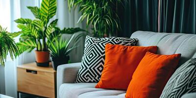 Cozy Living Room with Plants and Throw Pillows photo