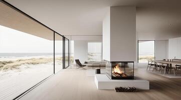 Modern coastal living room with expansive ocean views. Spacious, minimalist interior design featuring a large fireplace and floor-to-ceiling windows photo