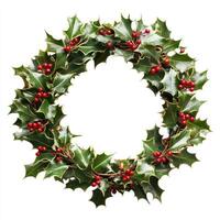 Circular Christmas wreath of holly leaves and red berries photo