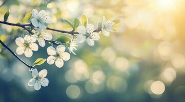 White flowers on a branch with sunlight shining through photo