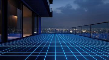 Rooftop terrace at night with futuristic grid design photo