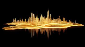 Golden city skyline, reflected on a wavy surface photo