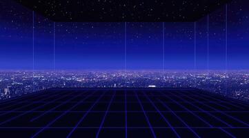 A futuristic room with a city view at night photo