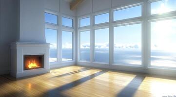 Bright, spacious room with a fireplace and large windows photo