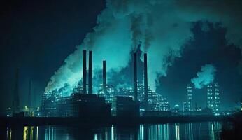 Industrial complex at night emitting smoke photo