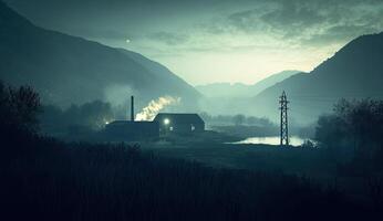 Misty, twilight scene of a rural factory photo
