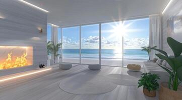 Coastal modern living room with fireplace and ocean views photo