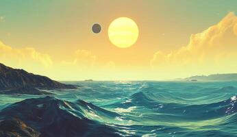 Alien sunrise over a tranquil ocean photo