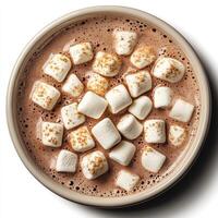 Warm, comforting hot chocolate topped with mini marshmallows and a sprinkle of crunchy topping photo