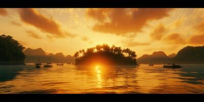 Sunset over the sea with boats in the water photo
