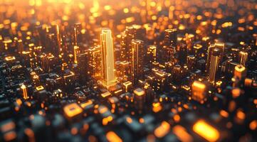 Golden city of the future. Abstract, futuristic cityscape, glowing skyscrapers, digital art, intricate design photo