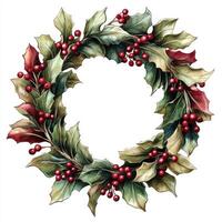A watercolor painting of a holly wreath photo