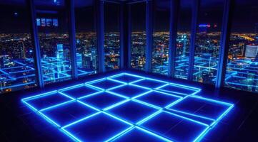 Elevated view of a city at night, with a glowing blue floor pattern photo