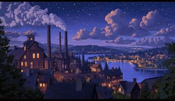 Nightfall over a quaint industrial town by a river photo