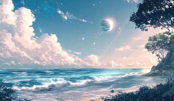 Tranquil coastal scene with ethereal sky photo