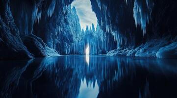 Frozen glacial cave reflecting sunlight photo
