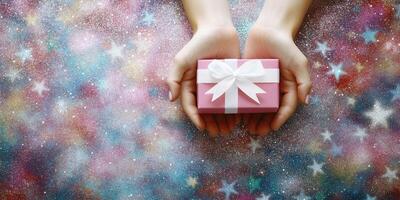 Hands holding a pink gift box on a glittery background photo