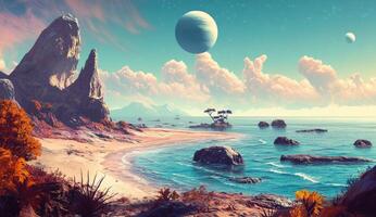 Alien beach scene with dramatic landscape photo
