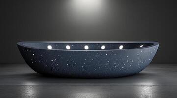Modern, oval-shaped, dark stone bathtub with embedded lights photo
