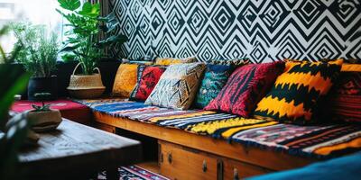 Vibrant, eclectic living space with colorful textiles photo