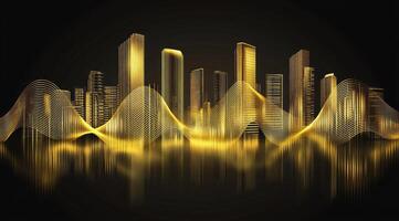 Golden city skyline with ethereal waves photo
