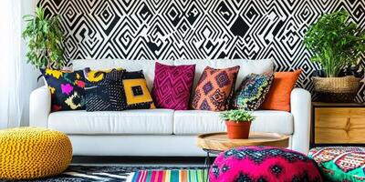Vibrant living room with colorful pillows photo