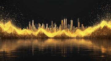 Golden city skyline reflected in water photo