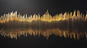Golden city skyline reflecting on dark surface photo