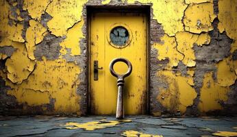 Rusty key before aged yellow door photo