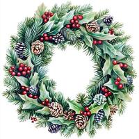Watercolor christmas wreath with pine cones and berries photo