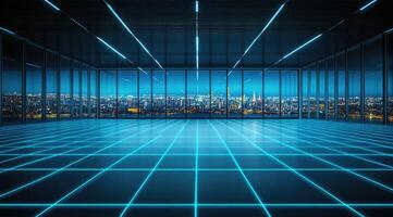 An empty room with neon lights and cityscape photo